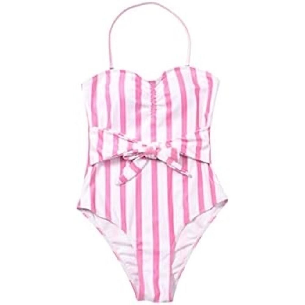 NWOT YOLAI Pink & White Striped Print Tube Top Strap Swimsuit Sz. M